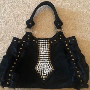 Vintage Black Furry Handbag with Rhinestones